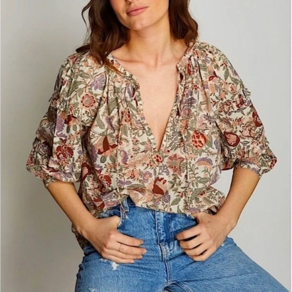 Anthropologie Love The Label Floral Peasant Boho Balloon Puff Sleeve Top Size XS